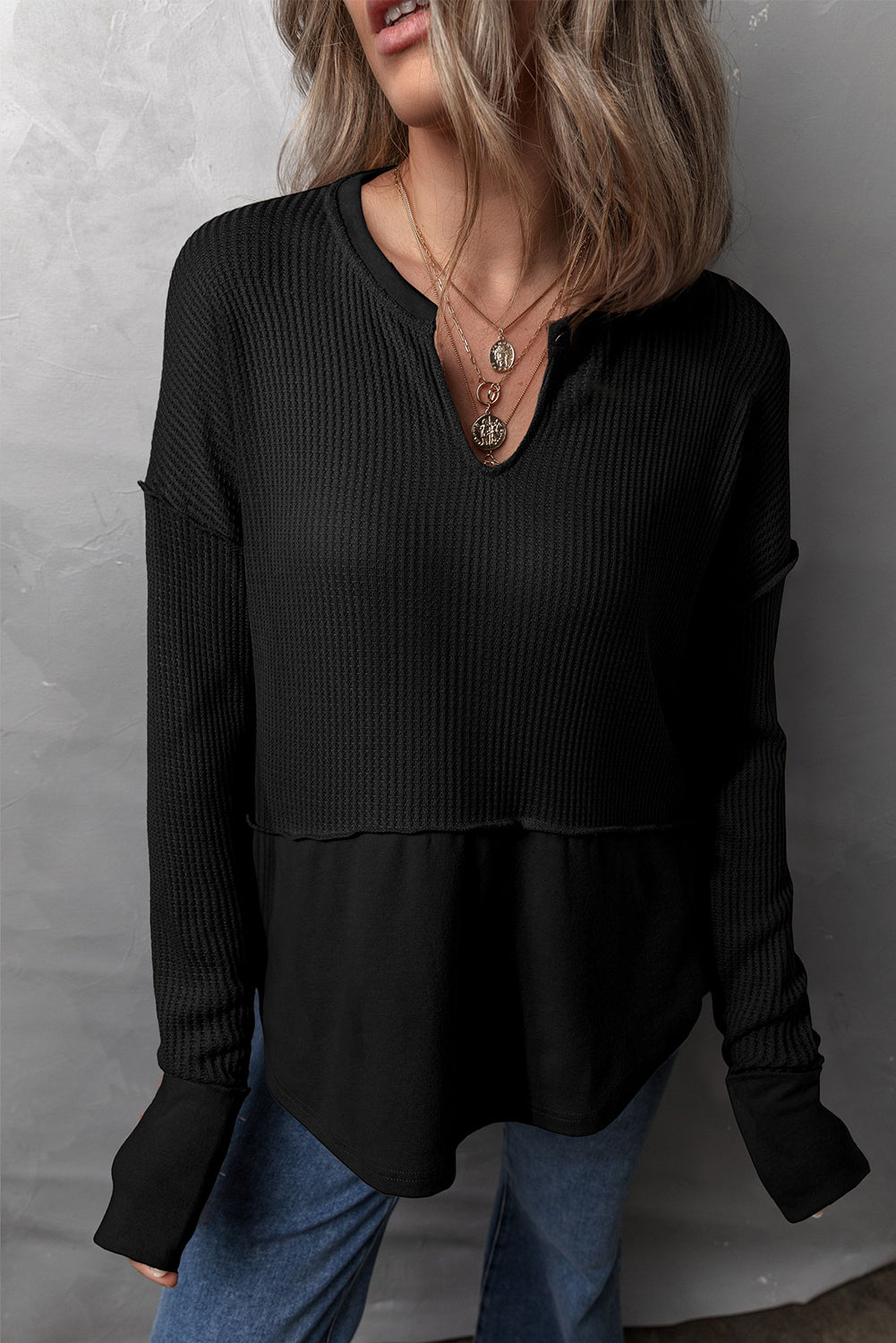 Waffle-Knit Exposed Seam Notched Long Sleeve Top S-2XL