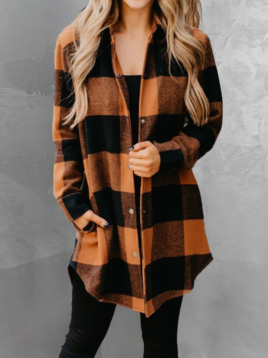 Plaid Snap Down Long Sleeve Jacket S-XL