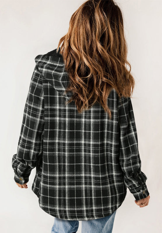 Plaid Button Up Long Sleeve Hooded Jacket S-2XL