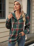 Drawstring Plaid Hooded Long Sleeve Top S-2XL