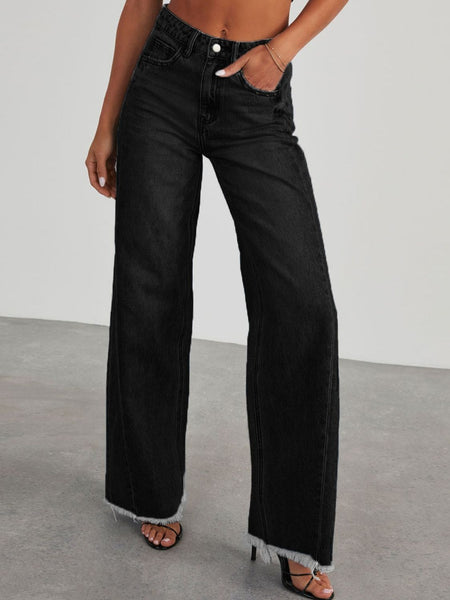 Raw Hem Wide Leg Jeans with Pockets S-2XL