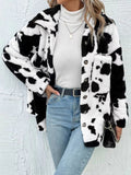 Cow Print Collared Neck Button Up Fuzzy Jacket S-XL