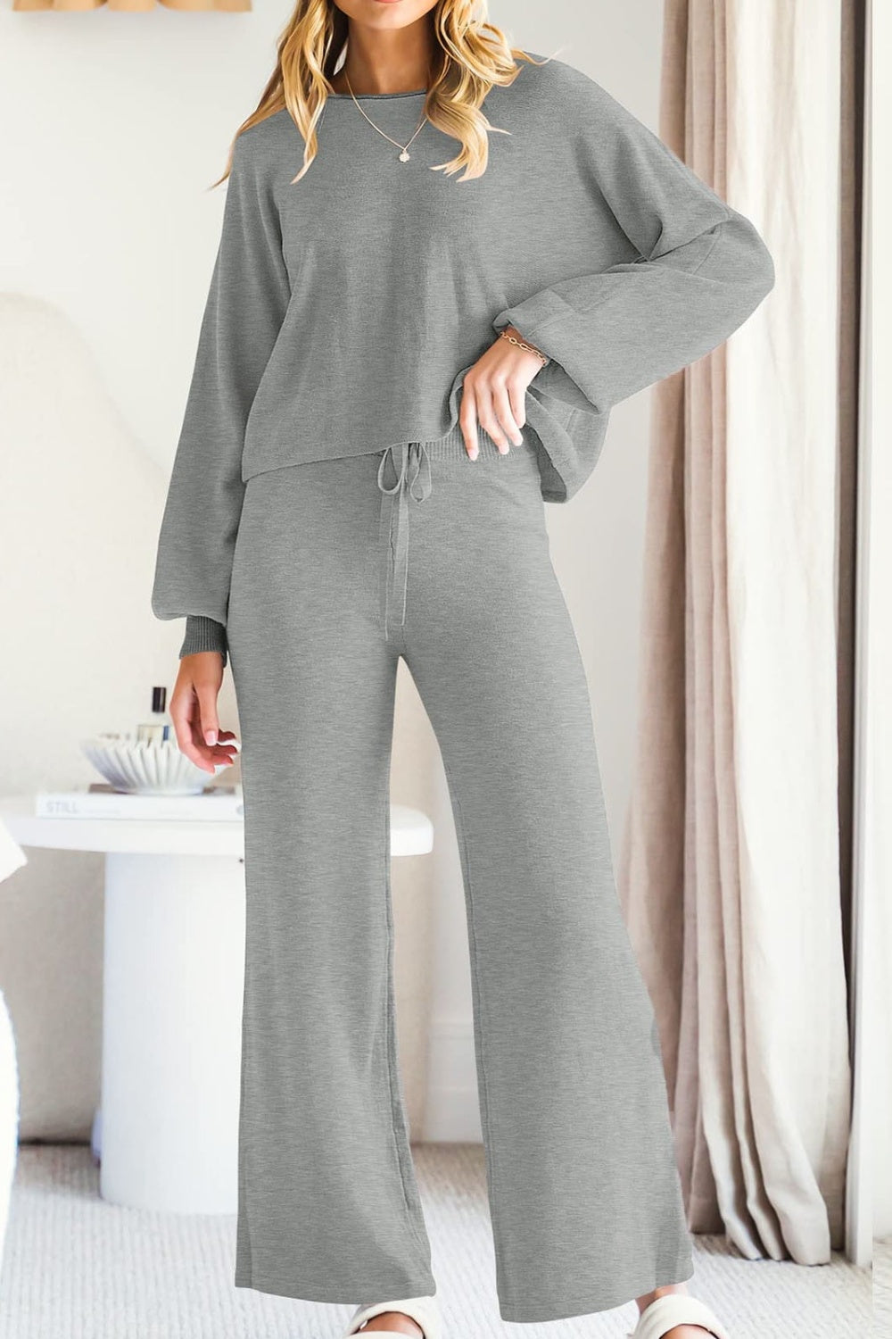 Round Neck Long Sleeve Top and Pants Set S-2XL