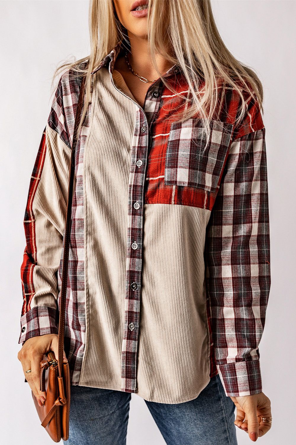 Plaid Patchwork Collared Neck Shacket S-2XL