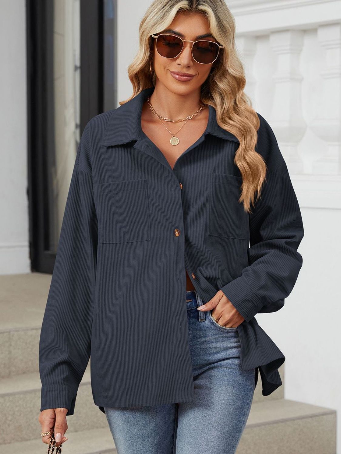 Button Up Dropped Shoulder Long Sleeve S-2XL