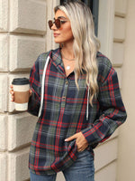 Drawstring Plaid Hooded Long Sleeve Top S-2XL