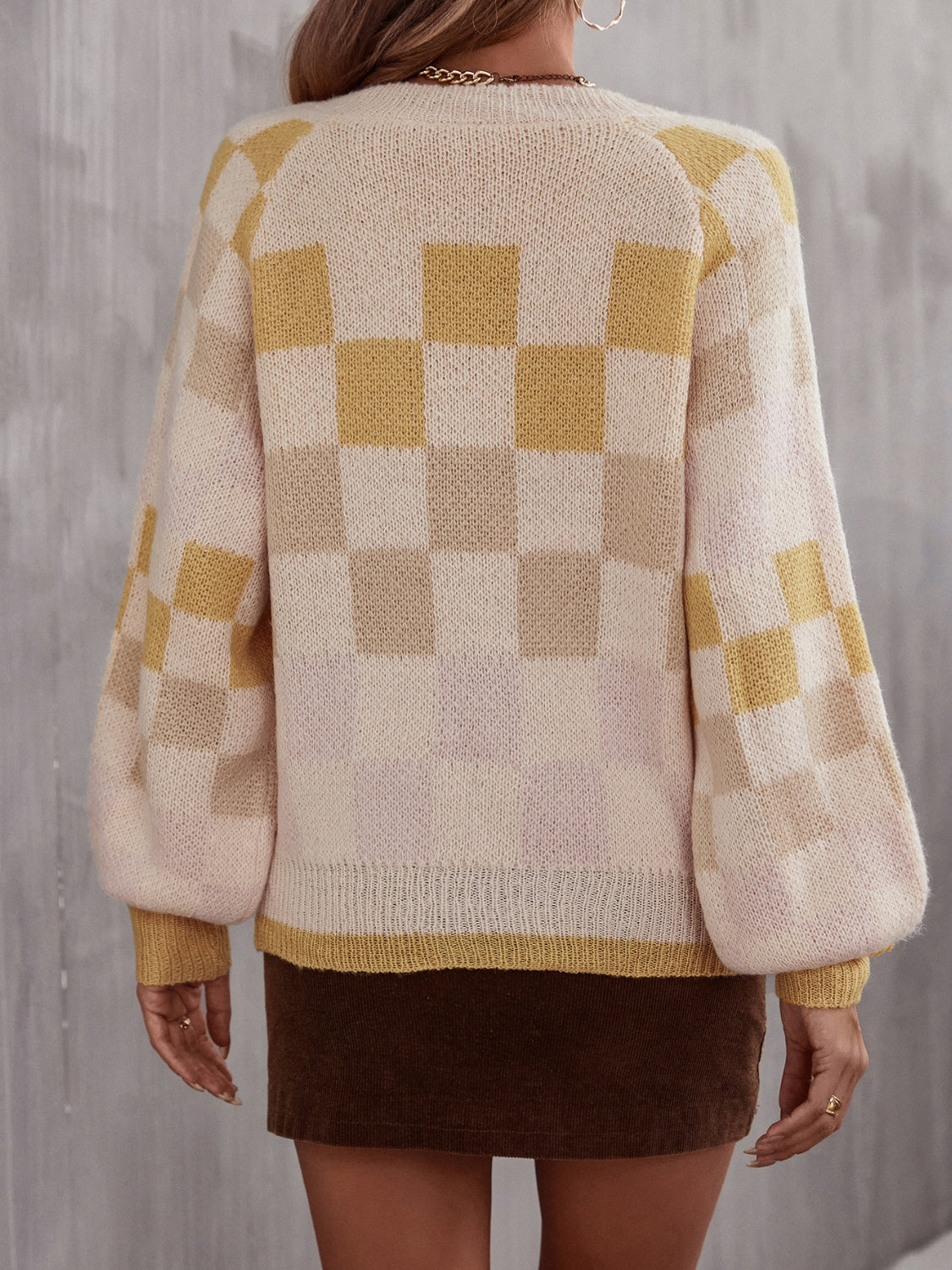 Checkered V-Neck Lantern Sleeve Sweater S-L