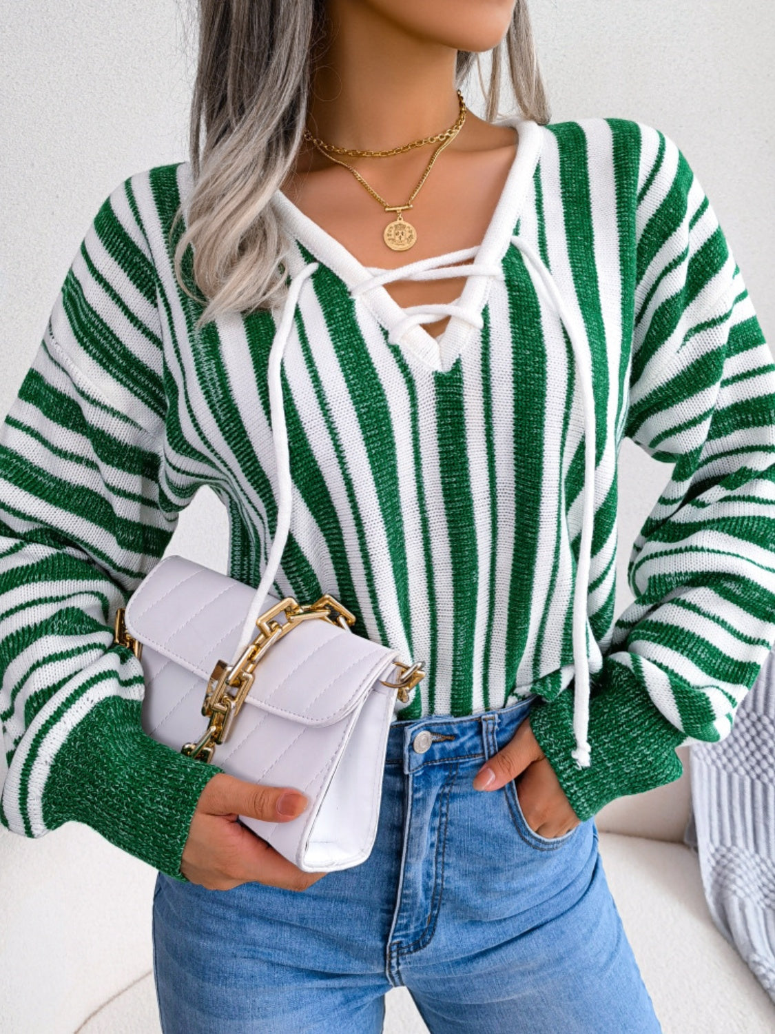 Striped Lace-Up Long Sleeve Sweater S-L