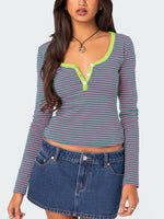 Buttoned Striped Long Sleeve T-Shirt S-XL