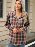 Drawstring Plaid Hooded Long Sleeve Top S-2XL