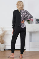 Leopard Round Neck Top and Drawstring Pants Lounge Set S-XL