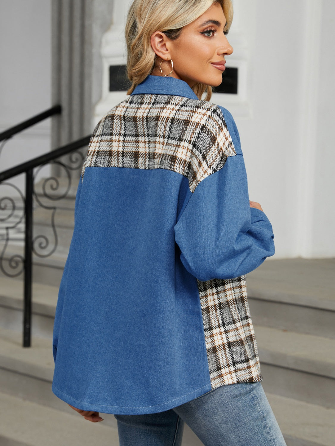 Plaid Button Up Long Sleeve Denim Jacket S-XL