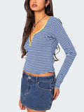 Buttoned Striped Long Sleeve T-Shirt S-XL