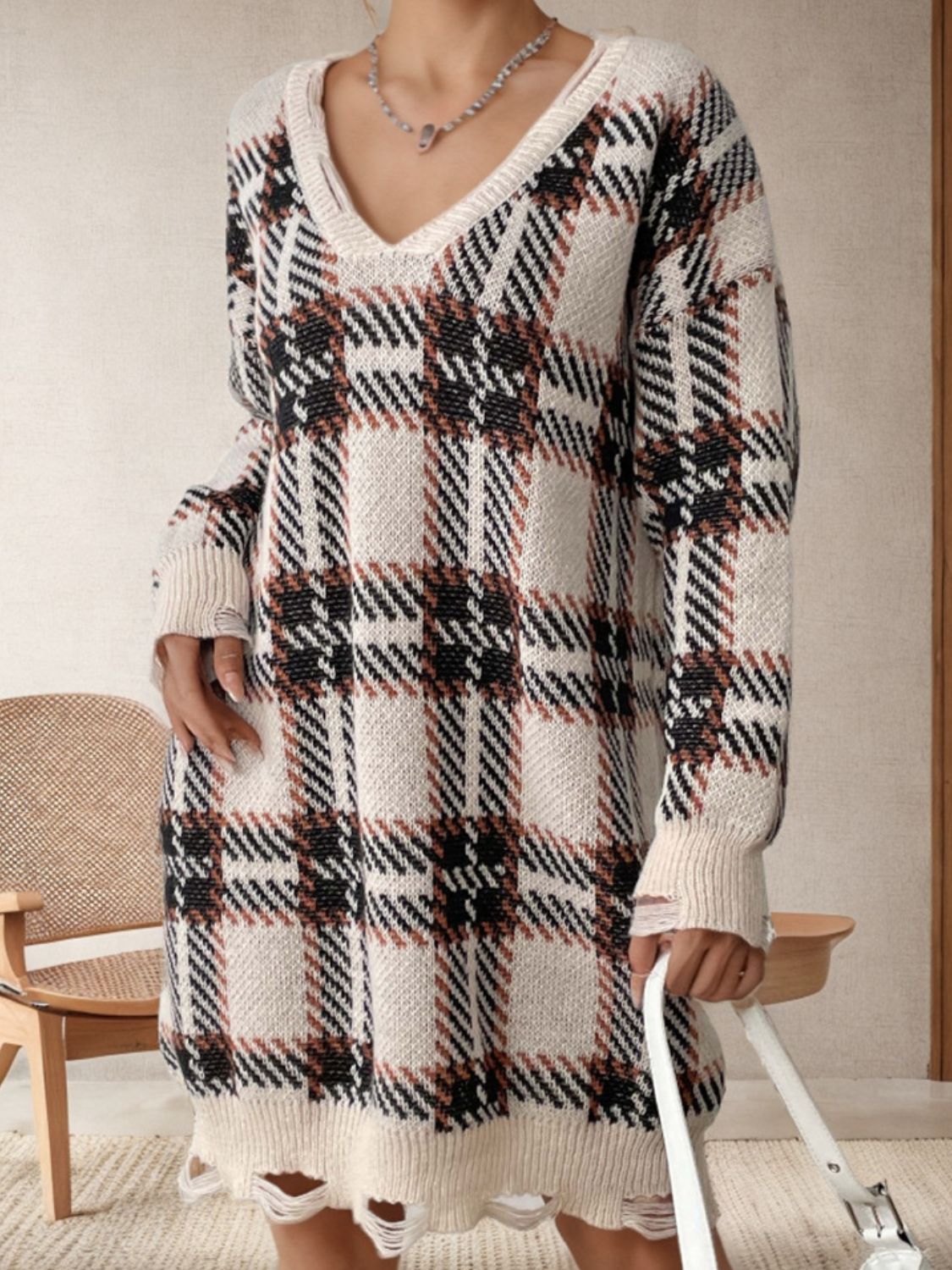 Distressed Plaid V-Neck Long Sleeve Sweater Dress One Size