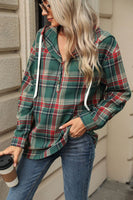 Drawstring Plaid Hooded Long Sleeve Top S-2XL