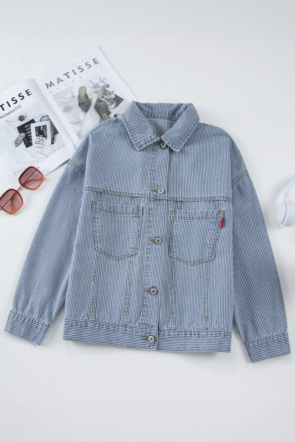 Striped Button Up Long Sleeve Denim Jacket S-2XL