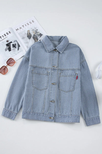 Striped Button Up Long Sleeve Denim Jacket S-2XL