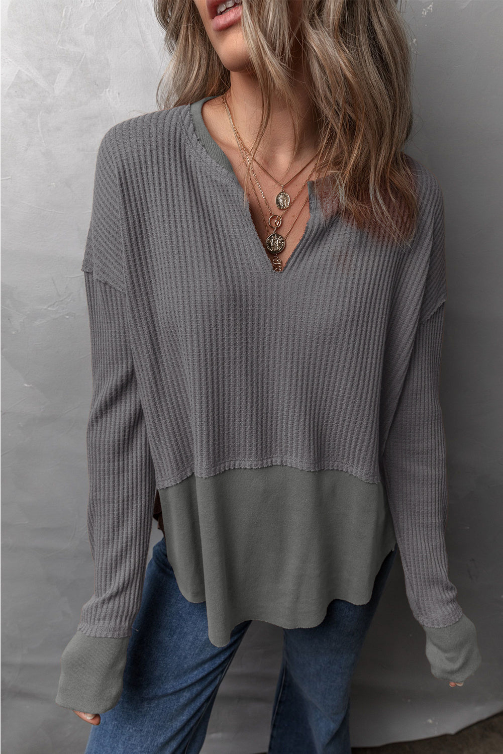 Waffle-Knit Exposed Seam Notched Long Sleeve Top S-2XL