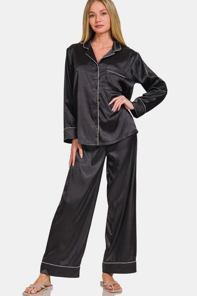 Zenana Satin Long Sleeve Shirt and Pants Pajama Set S-XL