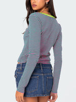 Buttoned Striped Long Sleeve T-Shirt S-XL