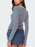 Buttoned Striped Long Sleeve T-Shirt S-XL