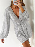 Full Size Sequin Surplice Tie Waist Long Sleeve Romper S-3XL