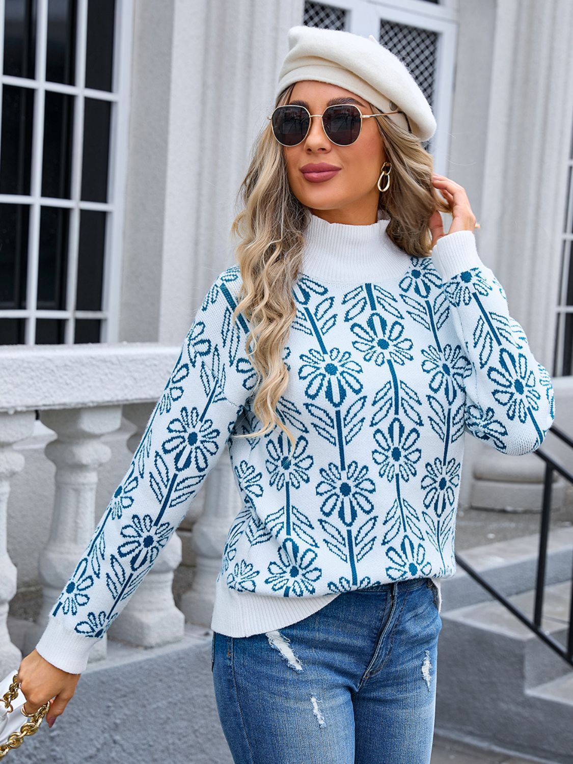 Flower Turtleneck Long Sleeve Sweater S-XL