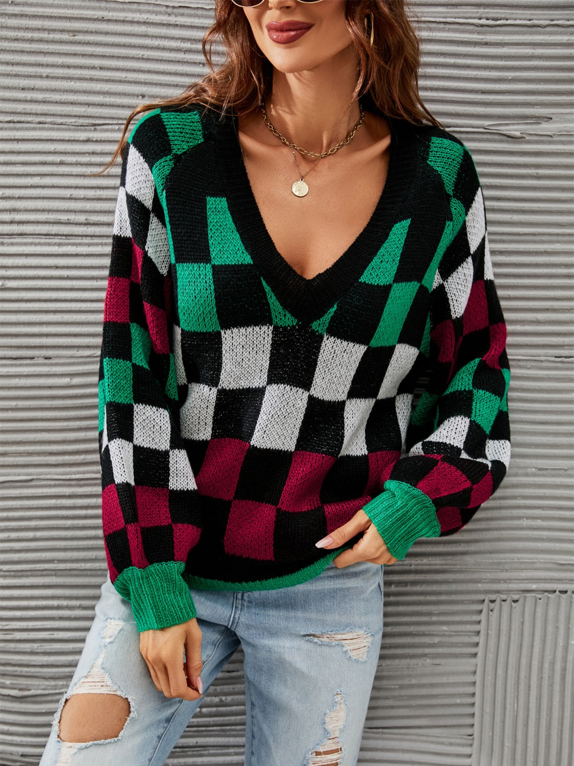 Checkered V-Neck Lantern Sleeve Sweater S-L