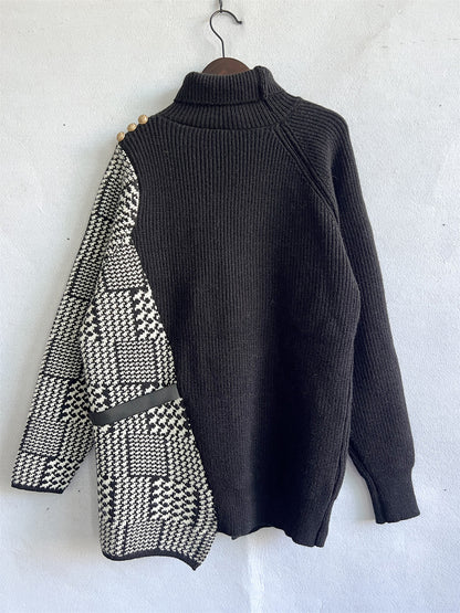 Houndstooth Turtleneck Long Sleeve Slit Sweater S-XL