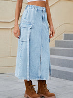 Slit Pocketed High Waist Denim Skirt S-2XL