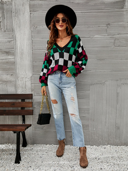 Checkered V-Neck Lantern Sleeve Sweater S-L