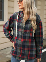 Drawstring Plaid Hooded Long Sleeve Top S-2XL