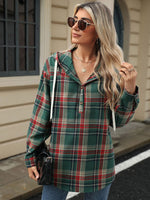 Drawstring Plaid Hooded Long Sleeve Top S-2XL