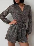 Full Size Sequin Surplice Tie Waist Long Sleeve Romper S-3XL