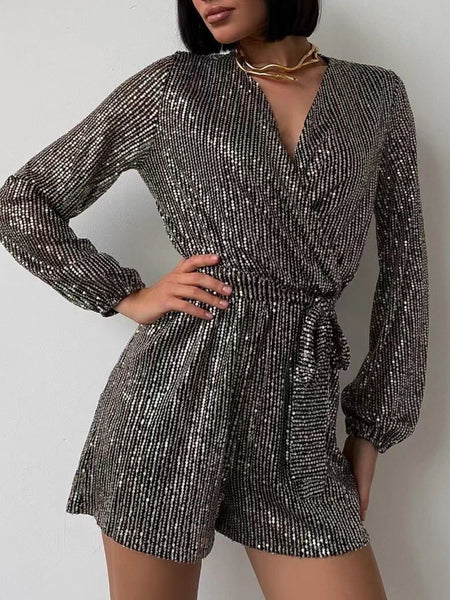 Full Size Sequin Surplice Tie Waist Long Sleeve Romper S-3XL