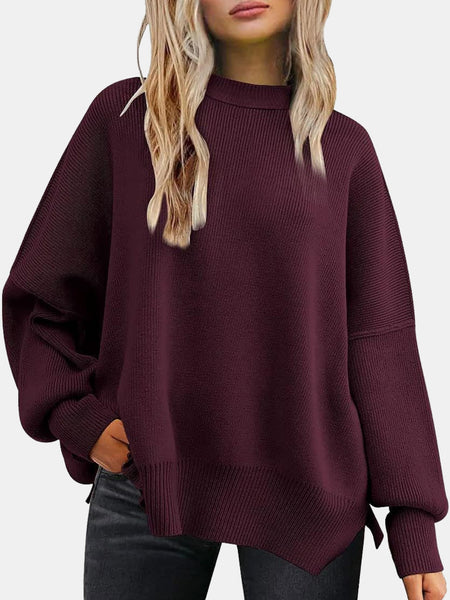 Round Neck Drop Shoulder Slit Sweater S-XL