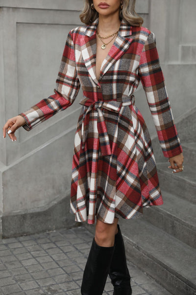 Plaid Tie Waist Long Sleeve Wrap Jacket S-2XL