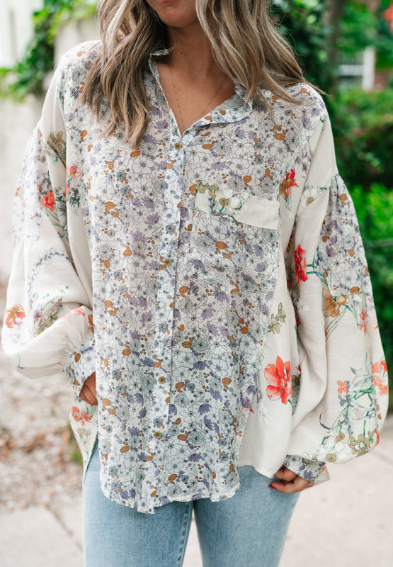 Floral Collared Neck Long Sleeve Shirt S-XL