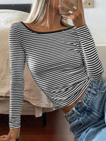 Devine Backless Striped Boat Neck Long Sleeve T-Shirt S-XL