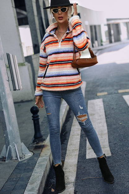 Striped Quarter Zip Dropped Shoulder Sweatshirt S-L