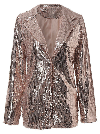 Sequin Lapel Collar Long Sleeve Blazer S-2XL