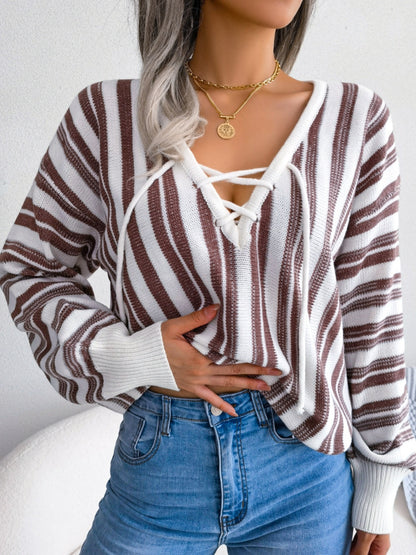 Striped Lace-Up Long Sleeve Sweater S-L