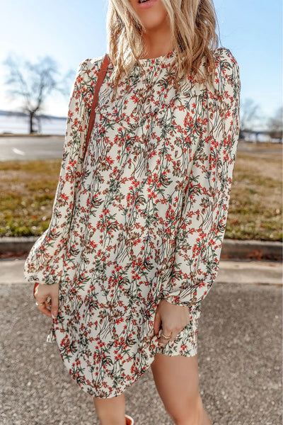 Floral Round Neck Long Sleeve Mini Dress S-XL