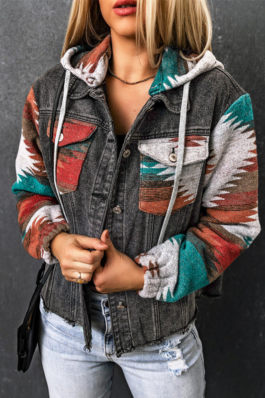 Drawstring Hooded Pocketed Denim Jacket XS-2XL