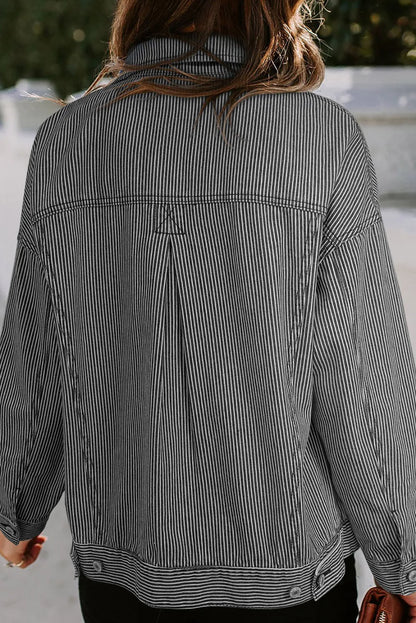 Striped Button Up Long Sleeve Denim Jacket S-2XL