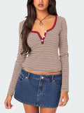 Buttoned Striped Long Sleeve T-Shirt S-XL