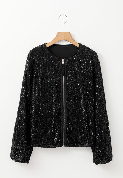 Sequin Zip Up Long Sleeve Jacket S-XL