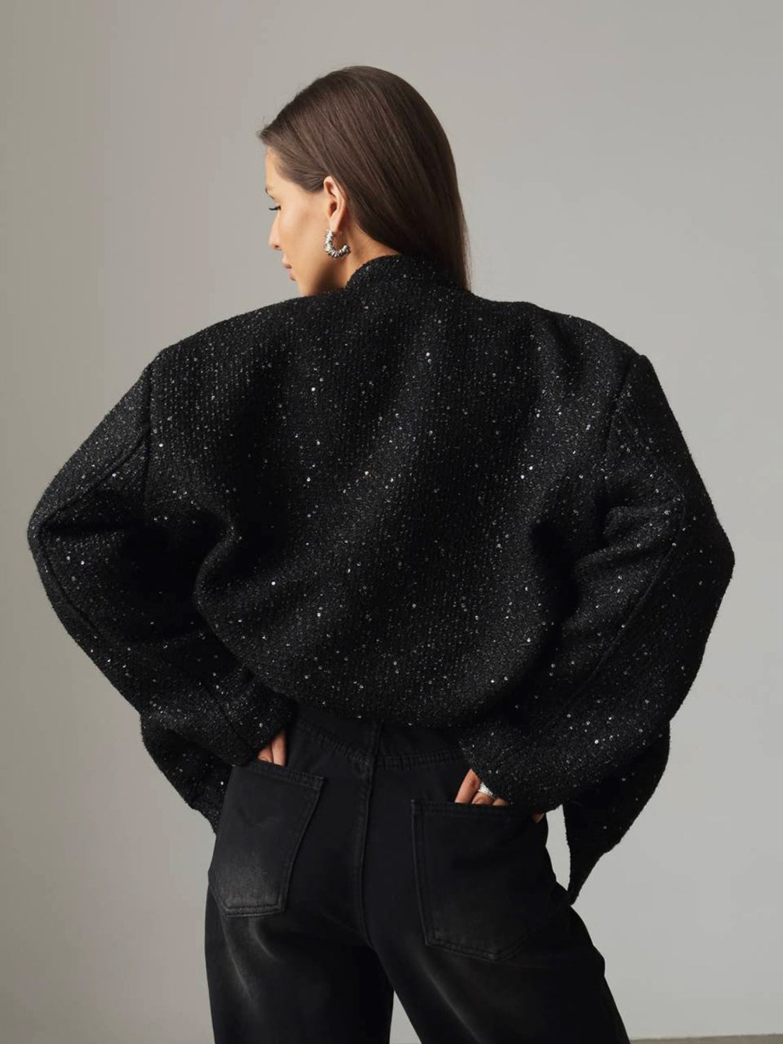 Sequin Detail Pocketed Long Sleeve Jacket S-L