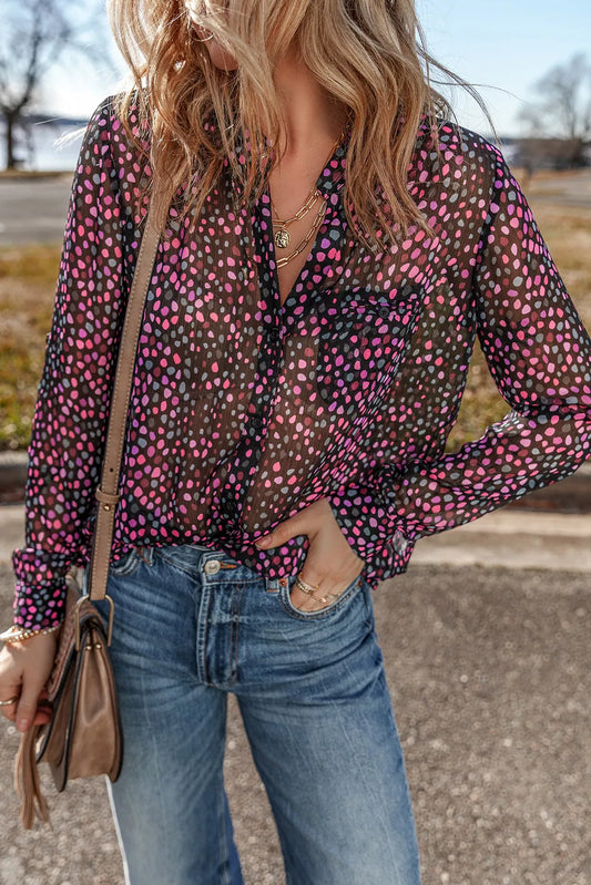 Printed Notched Long Sleeve Blouse S-XL