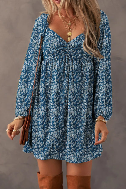 Ruched Printed Long Sleeve Mini Dress S-XL